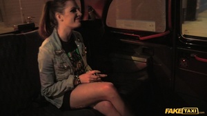 Luscious babe with stunning body wearing jeans jacket, black shirt, skirt and fishnet stockings rides on a fake taxi and teases the driver as she gets naked and sucks his huge cock then rubs it between her huge tits wearing her pink fishnet shirt before she lets him fuck her and lets him blow jizz in her mouth. - Picture 3