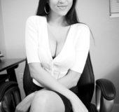 Gorgeous office chick takes off her white blouse and black skirt then