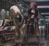 Redhead tranny slave in leather is tied and bound by her master.