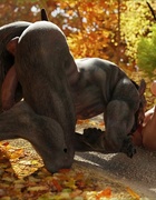 Tattooed ginger in red heels is hammered hard in the woods by a muscular
