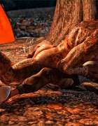 Lizard man fucks a redhead on forest ground by the campfire!