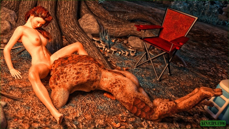Lizard man fucks a redhead on forest ground by the - Picture 5