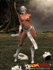 Ebony warrior takes off her armor and rubs her wet - Picture 2