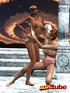 A black beauty and a white bombshell in bikinis wrestle next to at stone