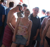 Blonde with cute young boobies gets fucked hard by tons of guys