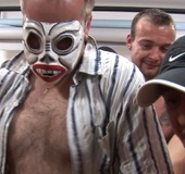 Tight brunette gets undressed and fucked by tons of fuckers