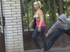 Tight boobed blonde gets her blouse yanked down outdoors