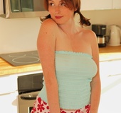 Hot tits redhead in blue top and short red skirt drills banana in cunt