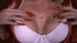 Lusty busty blonde milf in red robe and white bra shows big tits and plays