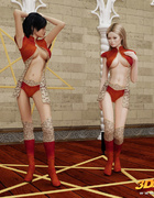 Two gals in sexy red boots are boned by a pair of purple creatures with