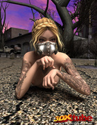 Sexy blonde babe seductively poses naked in post-apocalyptic world.