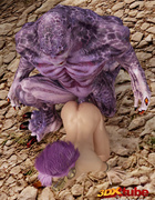 Naked nymph is covered in cum when she fucks a purple beast who matches