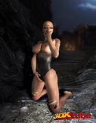 Busty baldie bares it all when she discards her sexy black bodysuit.