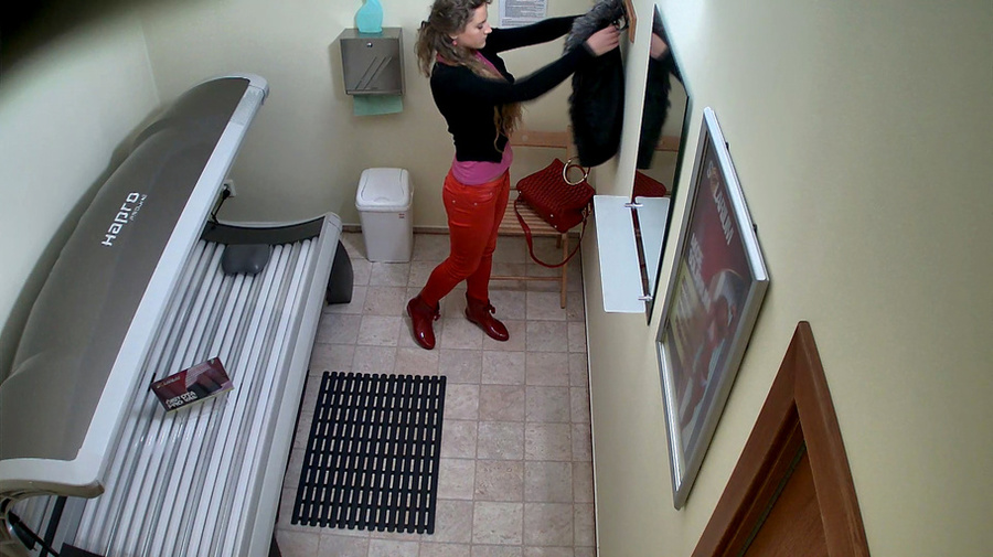 Babe with curly brown hair takes off her red pants - XXXonXXX - Pic 1