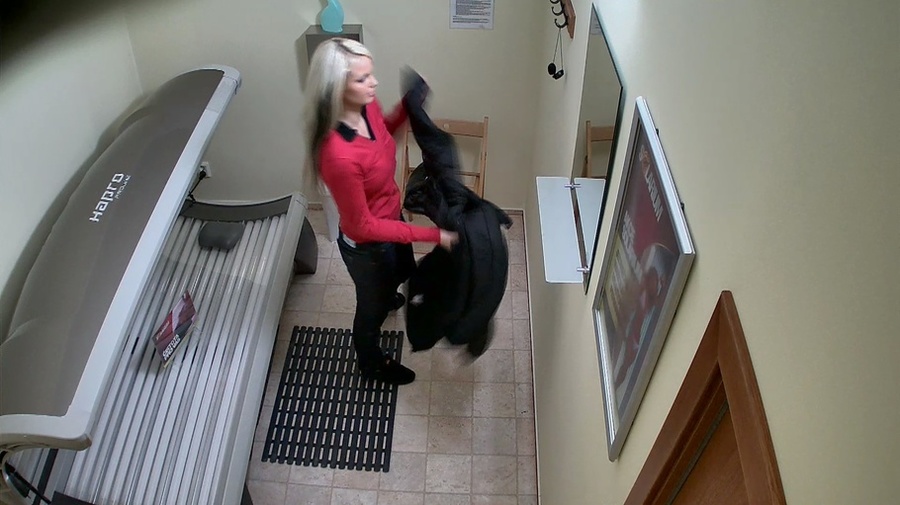 Bright blonde looks spicy in red shirt and black pants - XXXonXXX - Pic 1