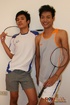 Three young Asian dudes in white shirt and gray shorts, gray shirt and