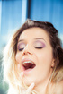 Chick in red bra and black nylons pulled up skirt and got licked