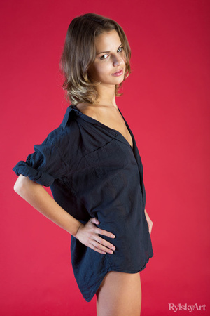 Chick undresses sexy blue shirt and pose - Picture 2