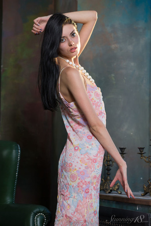 Brunette in pink floral gown undress slo - Picture 3