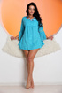 blue topped brunette displays