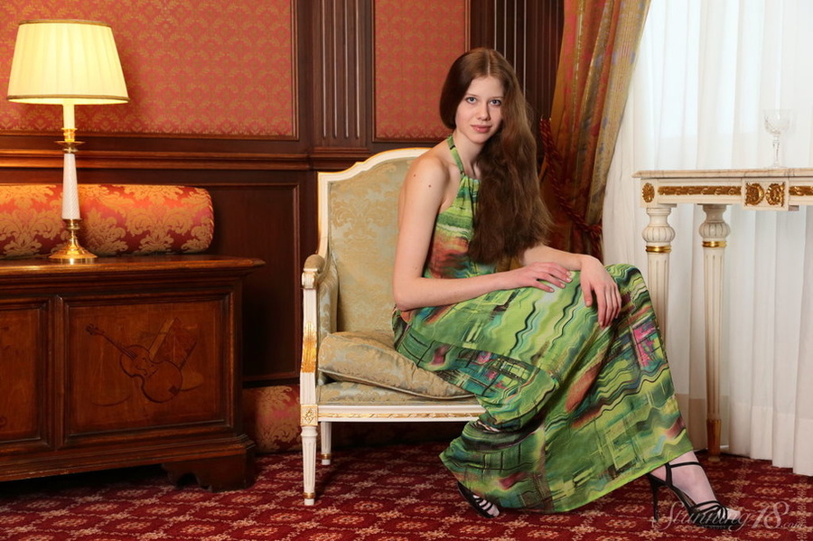 Young brunette slut in green dress strips d - XXX Dessert - Picture 3