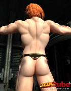 Redhead with muscles and pointy tits shows off her body in the buff.
