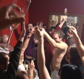 Skinny brunette gets bent over and poked in the bathroom while others