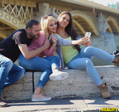 Picked up on the street two chicks in tight jeans and panties having awesome