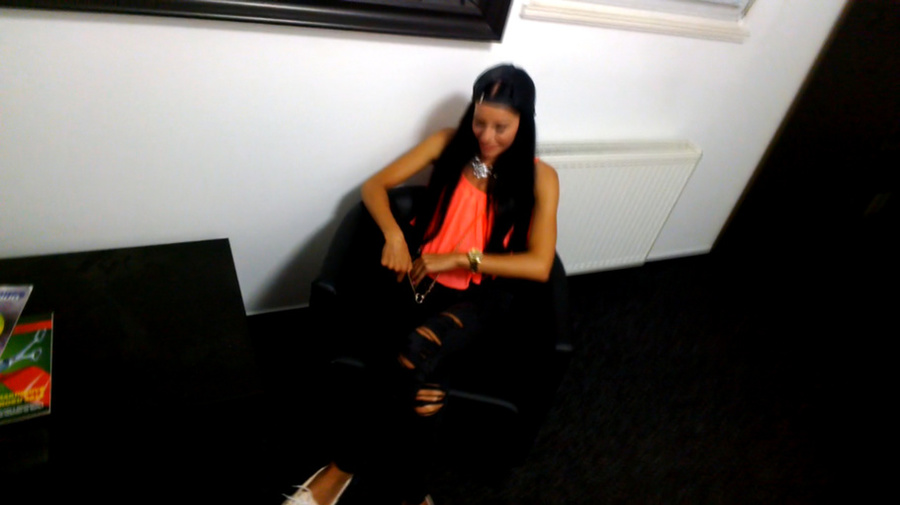 Pretty brunette teen in orange blouse and n - XXX Dessert - Picture 1