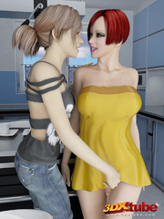 Blonde and redheaded trannies go into the kitchen to - Picture 1