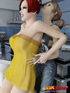 Blonde and redheaded trannies go into the kitchen to fuck each other.