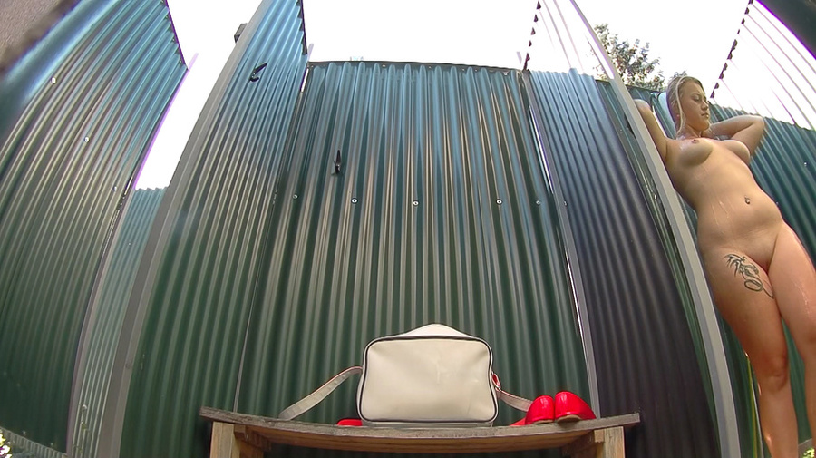 Curvy tattooed blondie with natural tits taking shower after pool - XXXonXXX - Pic 9