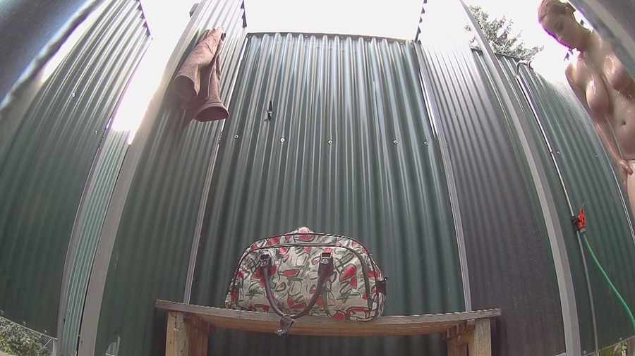 Red ponytailed babe with big natural juggs showering before pool - XXXonXXX - Pic 4