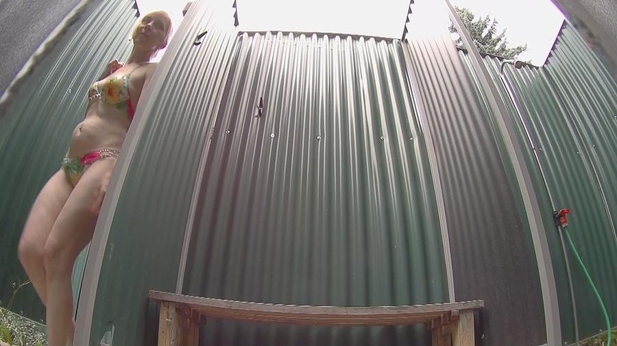 Slim blonde mom takes off her floral bikini to shower after swimming - XXXonXXX - Pic 1