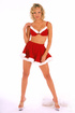 Hot blonde cheerleader in red short skirt drops her red bra tp reveal