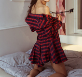 Slim brunette in stripped robe reveals sexy tits, ass and shaved pussy