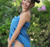 Sexy tits brunette in blue wrap shows sexy tits, shaved cunt and ass by