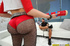 Flexible blonde taking off her red panty and net pantyhose before getting