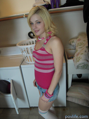 Blue-eyed blonde bitch in pink-striped tanktop gets fucked on top of washer - Picture 1