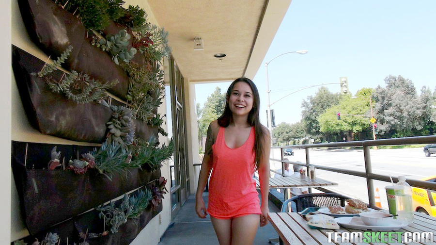 Cute brunette with brown eyes in orange sleeveless sucks dick in car and on couch - XXXonXXX - Pic 1