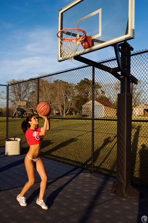 Cute brunette playing basketball in red top and white undies enjoy the sunset showing her breasts - Picture 2
