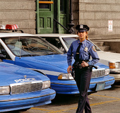 Naughty police officer plays around with her police stick between juicy