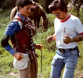 Babe fucking around on a movie set shows off her glorious hairy snatch