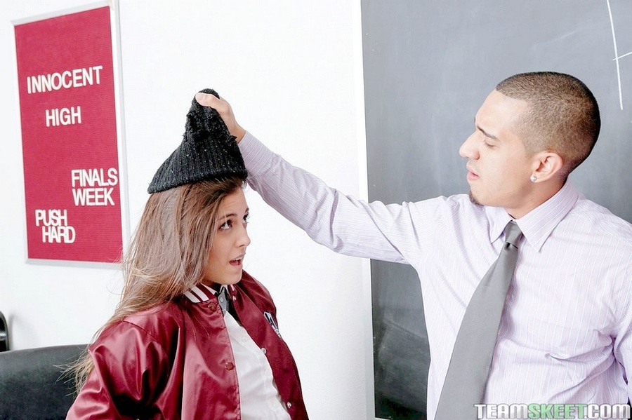 Brunette school girl in varsity jacket eats - XXX Dessert - Picture 1