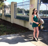 Picked up on the street brunette in short green dress and sunglasses enjoying