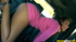 Brunette in pink dress and black thongs spreading on back seat of a car