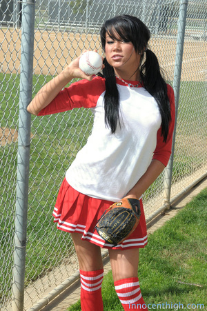 Hot tanned raven plays baseball outdoors and goes to the locker room and strips off her cute outfit - Picture 1