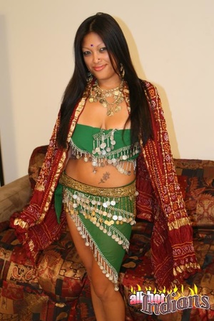 Lusty indian in green outfit teasing with pink dildo and serving two cocks on the couch before being cum covered - XXXonXXX - Pic 2
