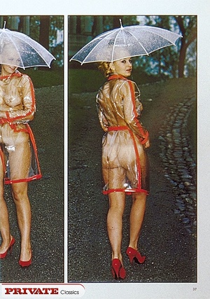 Alluring blonde shows her lusty boobs as she pose her foxy body in a grassy field wearing her pink see through blouse and green pants. Stunning hottie bares her luscious tits and hairy pussy as she pose her banging body outdoor wearing her transparent plastic coat and red high heels while holding a clear plastic umbrella. - Picture 10