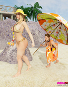 Busty blonde and brunette use their men for pleasure on the beach.